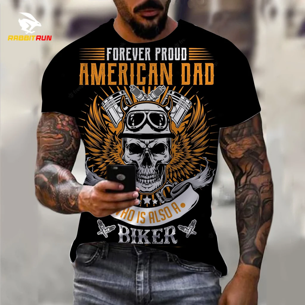 

Футболка мужская оверсайз с круглым вырезом, винтажный Байкерский топ с 3D-принтом черепа, модная уличная мотоциклетная одежда с короткими р...