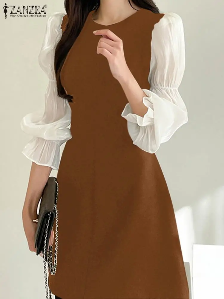 

Модное женское повседневное короткое платье-трапеция с круглым вырезом ZANZEA элегантное шифоновое мини-платье 2022 года в Корейском стиле с пы...