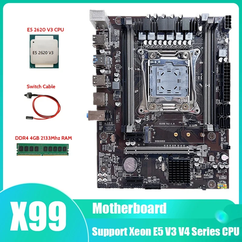X99 Motherboard LGA2011-3 Computer Motherboard Support DDR4 RAM With E5 2620 V3 CPU+DDR4 4GB 2133Mhz RAM+Switch Cable