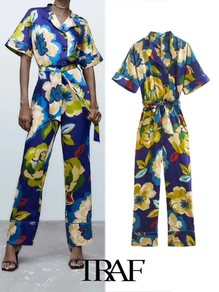 

TRAF Women 2022 Fashion Belted Floral-print Short-sleeve Jumpsuit Vintage Thin Straps Side Pockets Female Playsuits Mujer