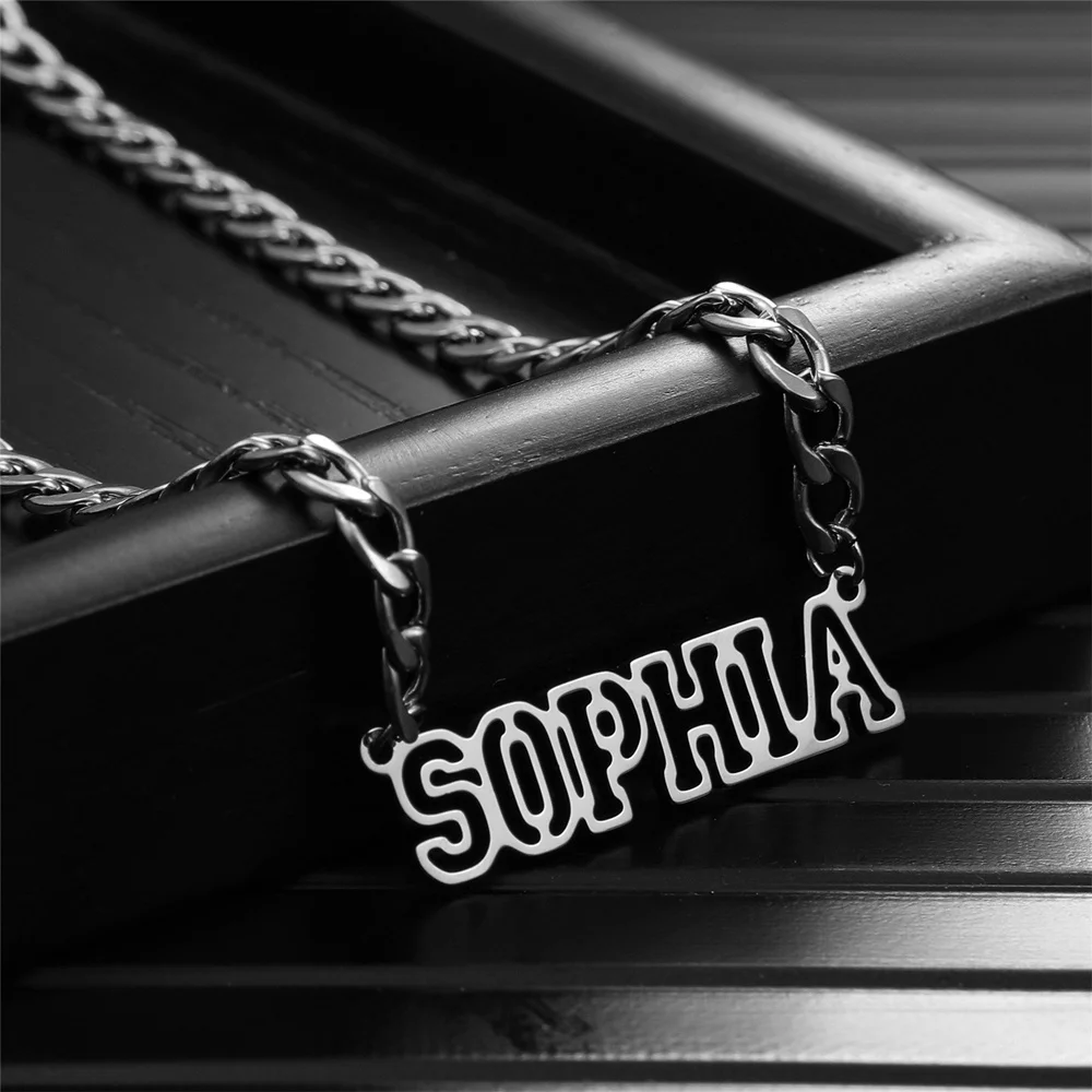 JewelryR Personality Custom Hollow Letter NecklacesStainless Steel Cuban Chain Nameplate Pendant Choker For Women Jewelry Gifts