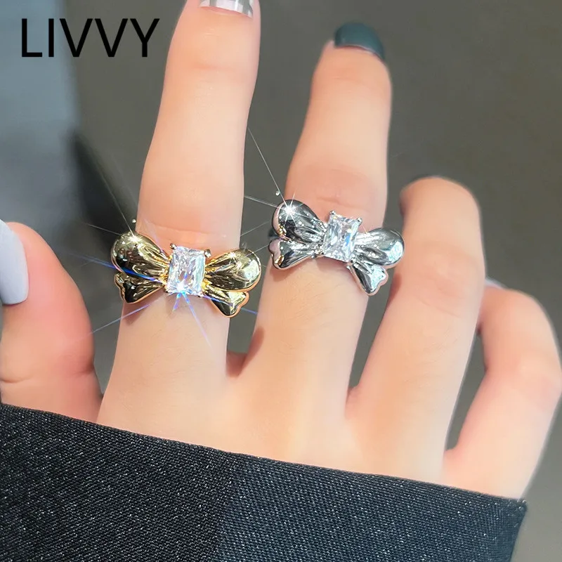 

LIVVY Silver Color New Korean Unique Bowknot Zircon Open Rings For Women Girl Fashion Trendy Wedding Party Jewelry Gift
