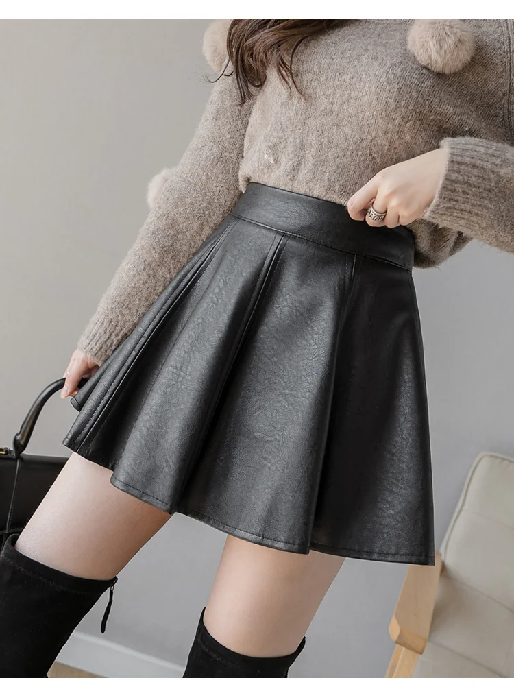 

Women's Pu Leather Mini Pleated Skirt, Solid Color, High Waist, Slim, Chic, Zipper, Autumn and Winter