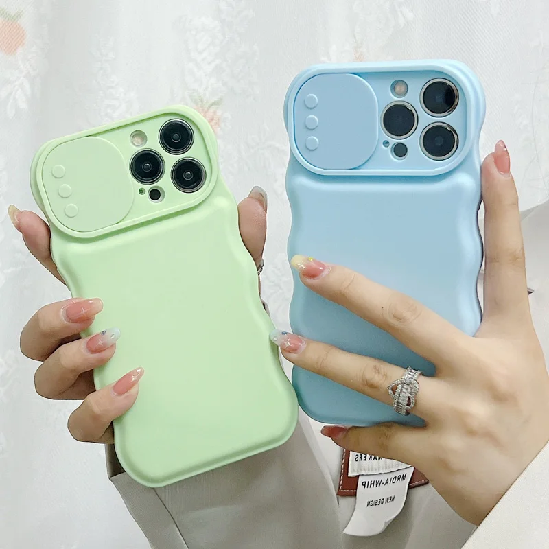 

Cute Wavy Pattern Sliding Window Soft Phone Case For iPhone 14 13 11 12 Pro Max X XS XR 7 8 Plus Silicone Solid Color Cover