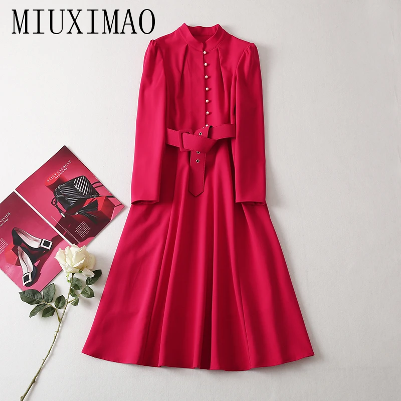 

MIUXIMAO 2022 High Quality Autumn&Winter Elegant Dress Long Sleeve red dress Solid Belt Fashion Knee-Length Dress Women Vestide