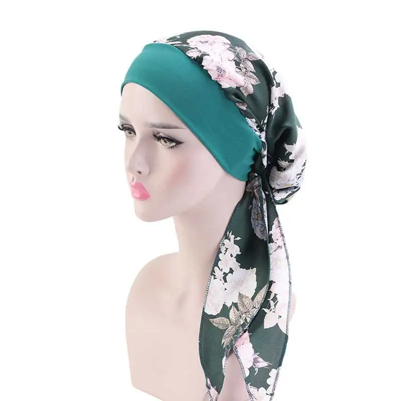 Muslim Women Elegant Stretch Hijab Turban Caps Ladies Hair Loss Chemo Cap Islamic Bandana Turbans Long Tail Headscarf Hat