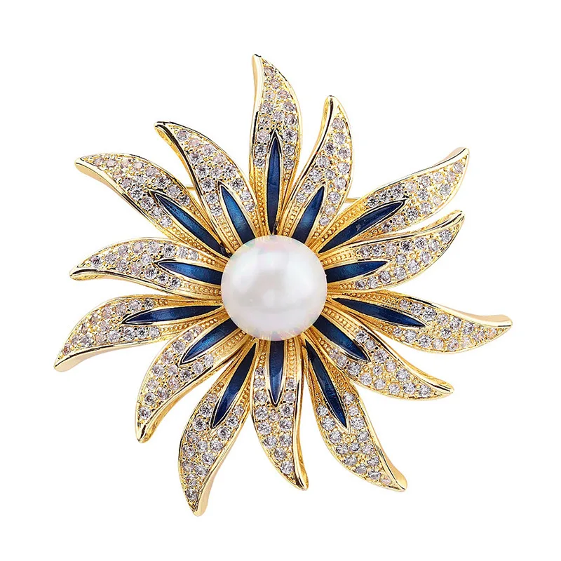 

Luxury Shiny Sun Flower Brooch For Women Pearl Crystal Brooches Pin Accessories Office Party Girl Dress Bag Buckle Pins Brooch