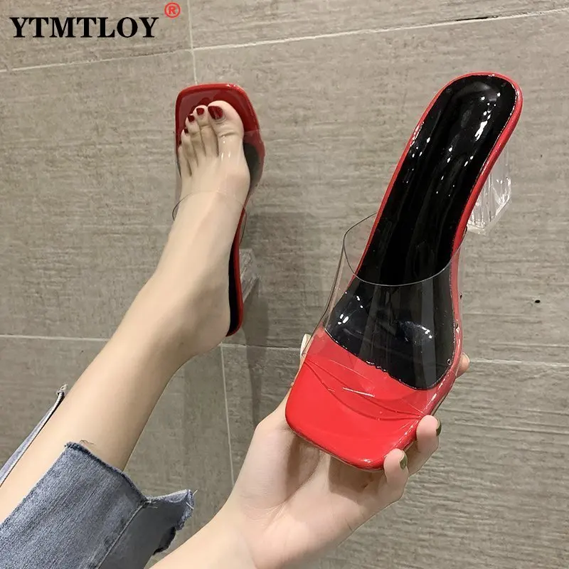 

2022 Summer PVC Women Sandals Crystal Square Toed Sexy Heels Mules Women Transparent Heel Sandals Slippers Pumps slides