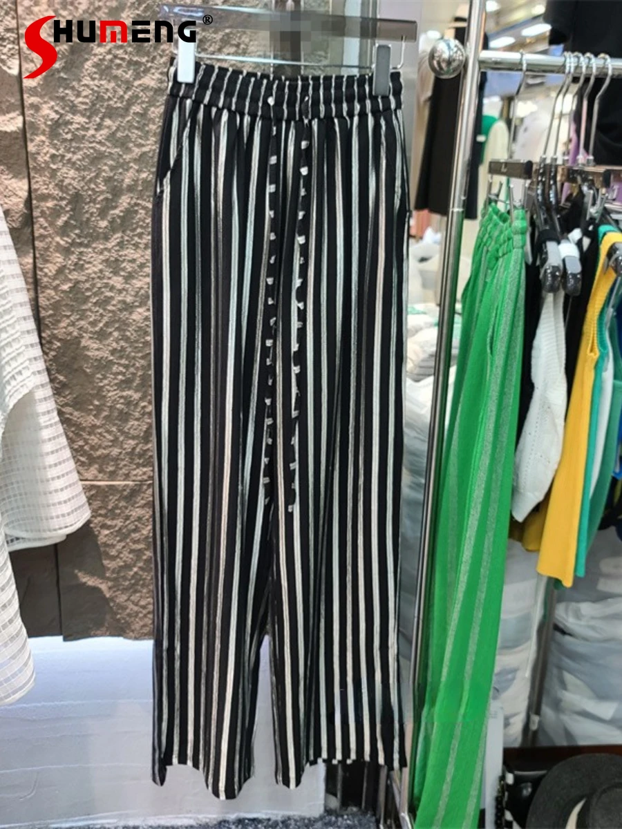 

Summer New Retro High Waist Loose Trousers Vertical Stripes Drape Fashionable Wide Leg Pants Slimming Split Mop Trousers