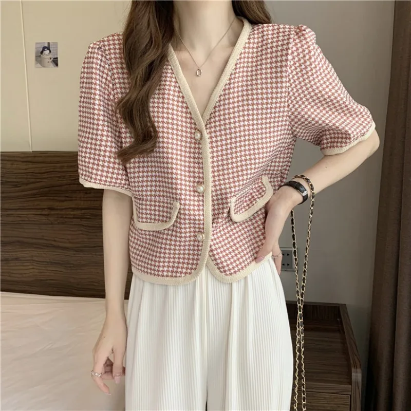 

Runway Summer Small Fragrance Houndstooth Plaid Women Coats Jackets Korean Cardigan Chic Elegant Thin Tops Outwear Casaco