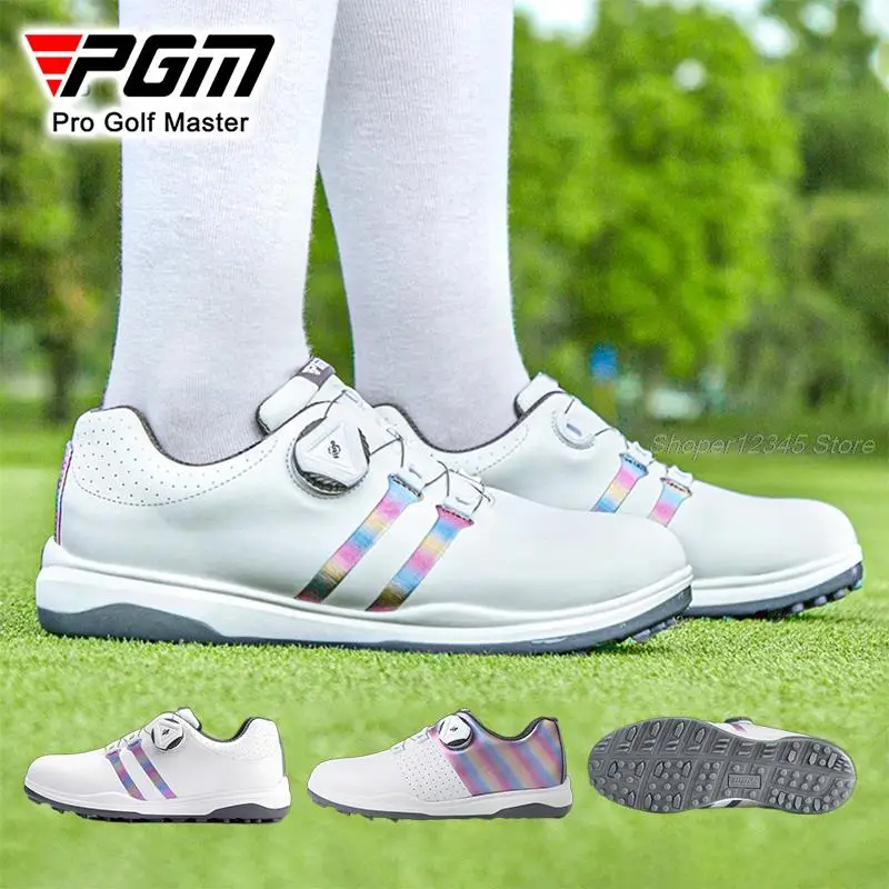 Pgm Women Golf Shoes Waterproof Knob Buckle Shoelace Sneakers Ladies Breathable Lightweight Shoes Spikes Non-Slip Trainers