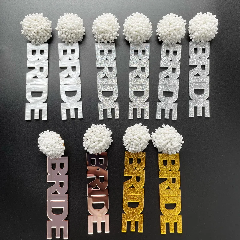 

Rice Beads Bridal Irregular Earrings For Women Pearlescent Acrylic Brade Letter Earrings Jewelry Valentine's Day Birthday Gift