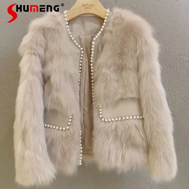 Young Ladies Beaded Fox Fur Coat 2022 Winter New Korean Style Elegant Women's Thickened Three-button Short Faux Fur Jackets