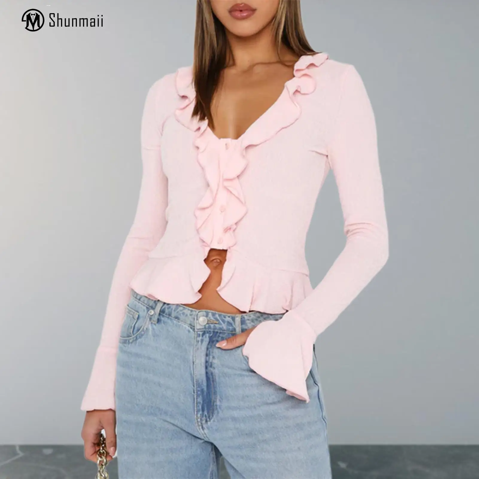 

Женский однобортный Топ Shunmaii с длинным рукавом, с оборками по краям, с V-образным вырезом, с открытым пупком, уличный костюм для девушек