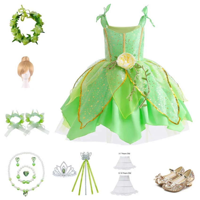 

Sparkly Green Fairy Princess Dresses for Girls Kids Christmas Halloween Costume Flower Girl Butterfly Tutu Outfit with Wings Set