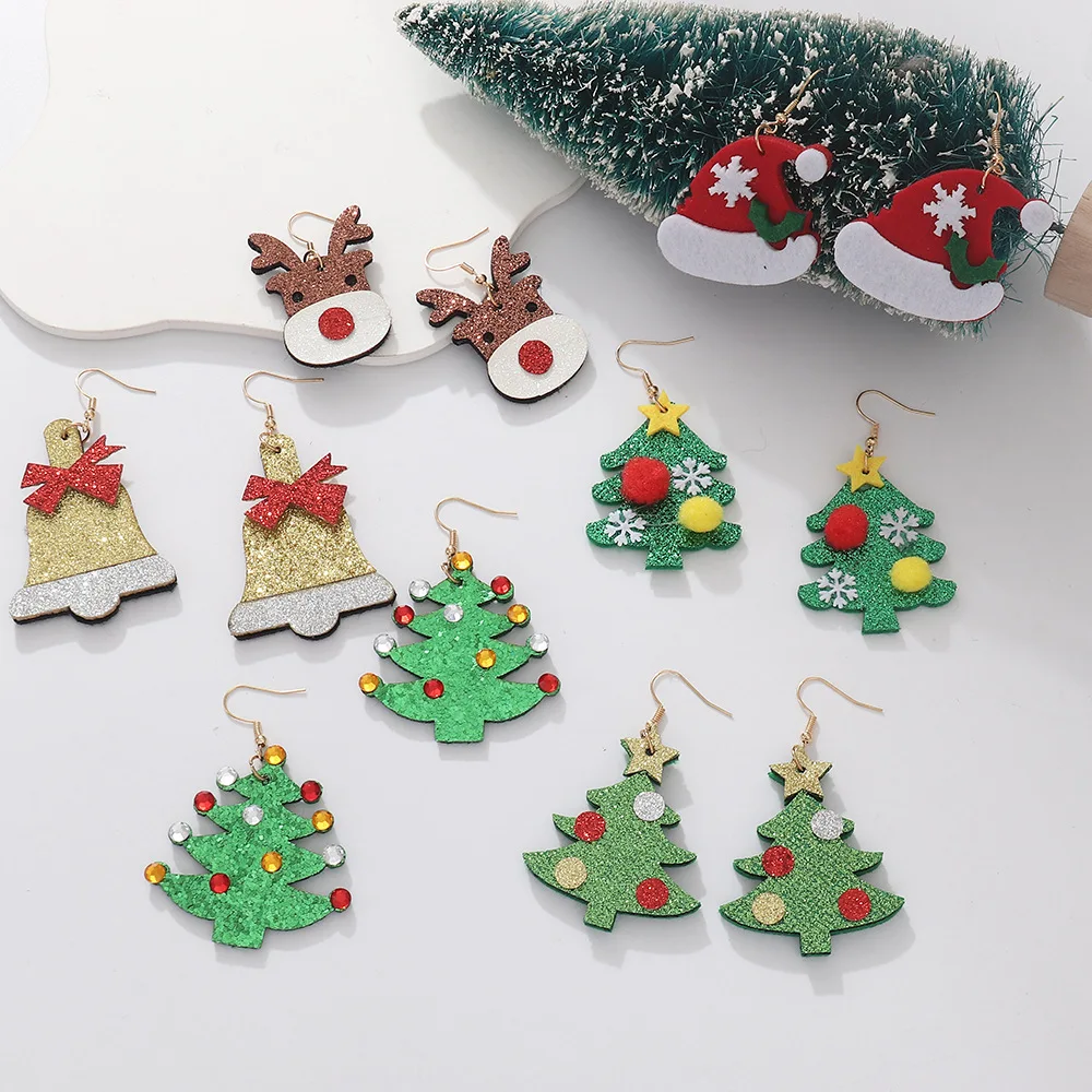 

European American Christmas Earrings Felt Cloth Womens Christmas Tree Hats Elk Festive Dangle Earrings Jewelry For Holidays