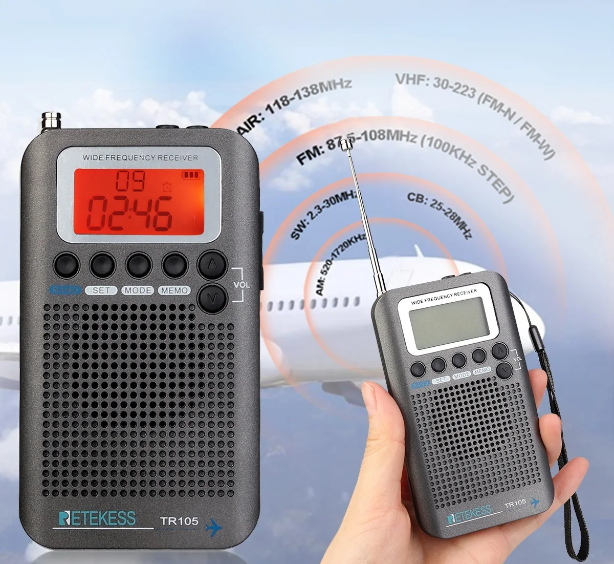 

TR105 Portable Radio Aircraft Full Band Radio FM/AM/SW/CB/Air/VHF Receiver World Band with LCD Display Alarm Clock