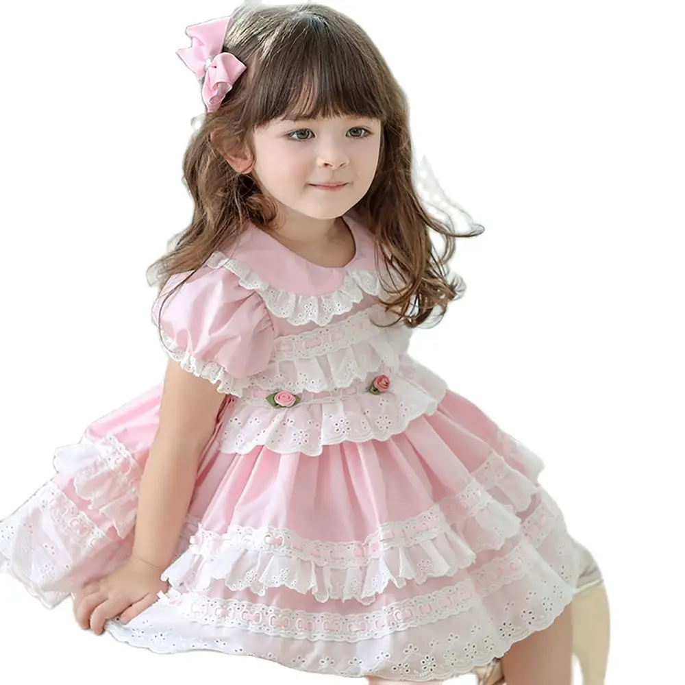 

Children's Lolita Spanish Palace Style Girls Round Neck Short-Sleeved Ruffled Small Flower Decoration Hole Princess Puffy Dress