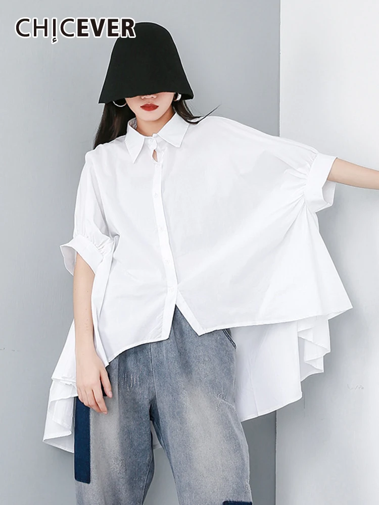 

CHICEVER рубашка оверсайз для женщин, с отворотом, рукав «летучая мышь», свободная талия, однобортная, однотонная, повседневная, блузки для женщин, весна 2023, Новинка