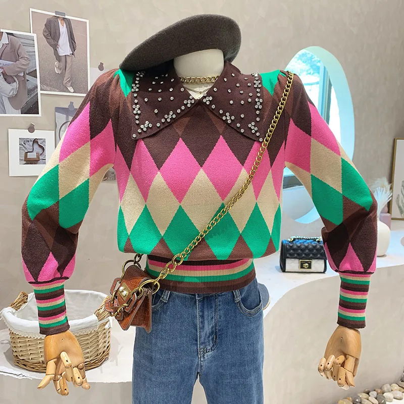 

Осенне-зимний новый клетчатый пуловер с кукольным воротником, свитер с длинным рукавом, модные короткие облегающие вязаные свитера с узором ромбиками, женская трикотажная одежда