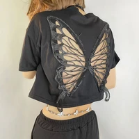 black lace butterfly exposed navel short t shirt 2022 street fashion trend loose all match hollow short sleeved top women y2k
