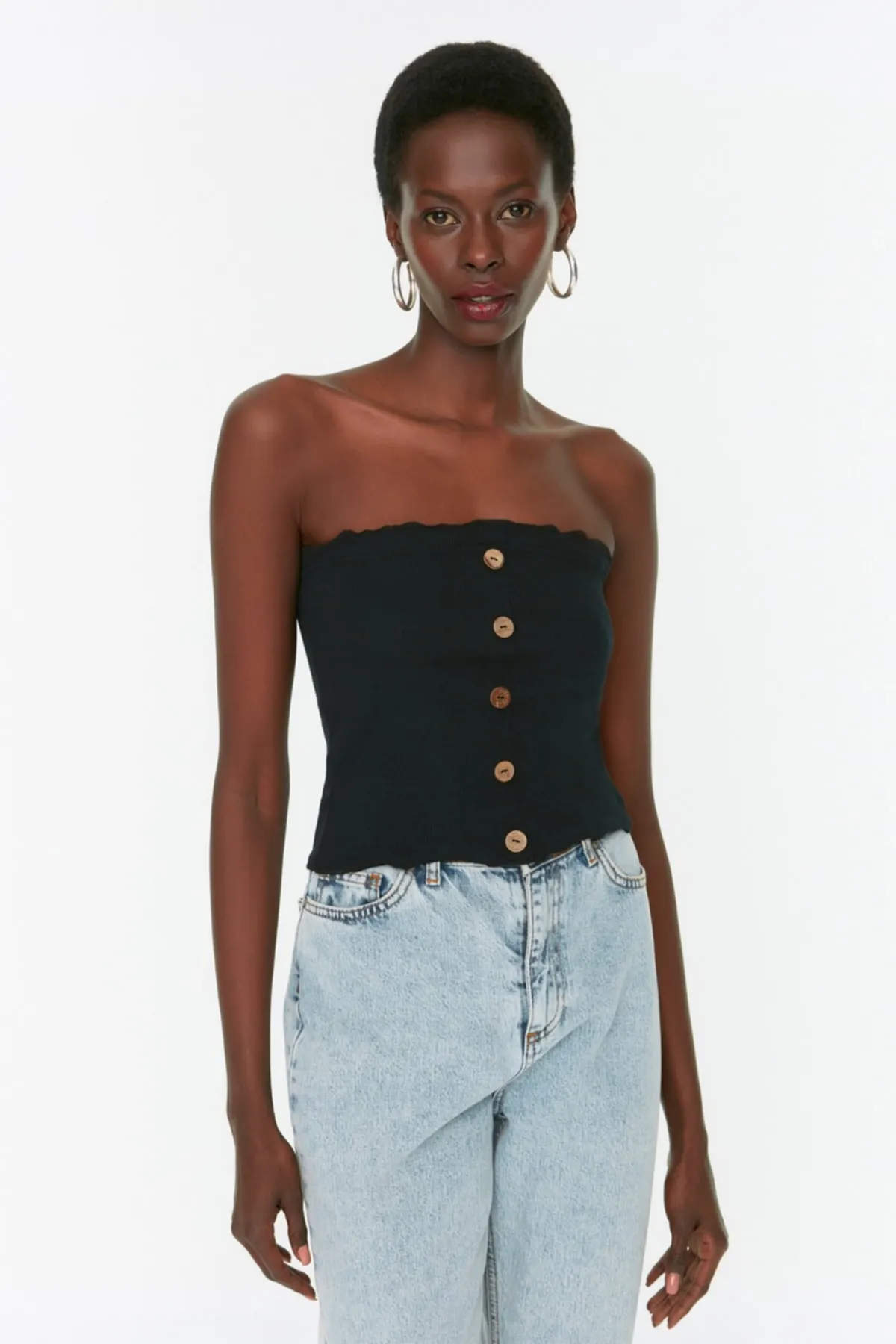 

Women's Summer Crop Top Blouse Black ribbon and Buttoned Crop Knitted Blouse hot girl top bottoming shirt