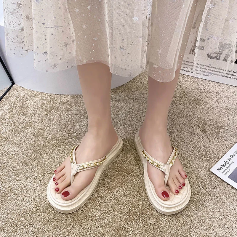 Summer Thick Bottom Slippers Fashion Open Toe Solid Color Flip Flops Women's Metal Chain Outdoor Casual Shoes Fashion Sandals