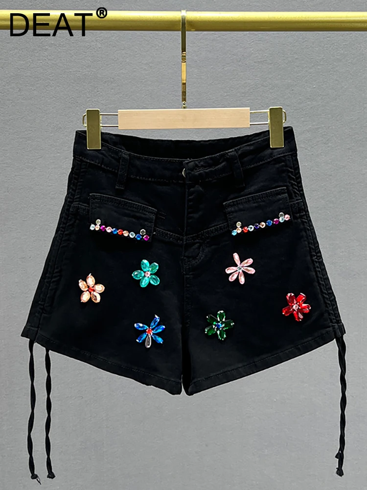 

DEAT Women's Denim Shorts Colored Diamonds Flower Drawstring High Waist Stretch Short Pants 2023 Summer New Fashion 29L2639