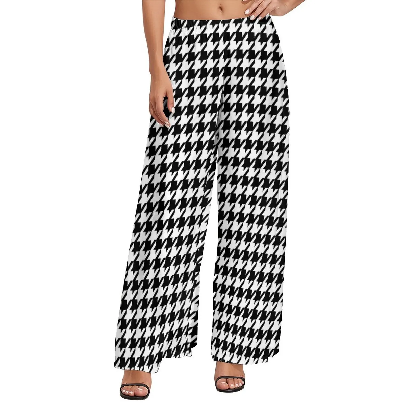 

Black And White Houndstooth Pants Womens Abstract Design Streetwear Trousers Elastic Waist Elegant Wide Leg Pants Gift