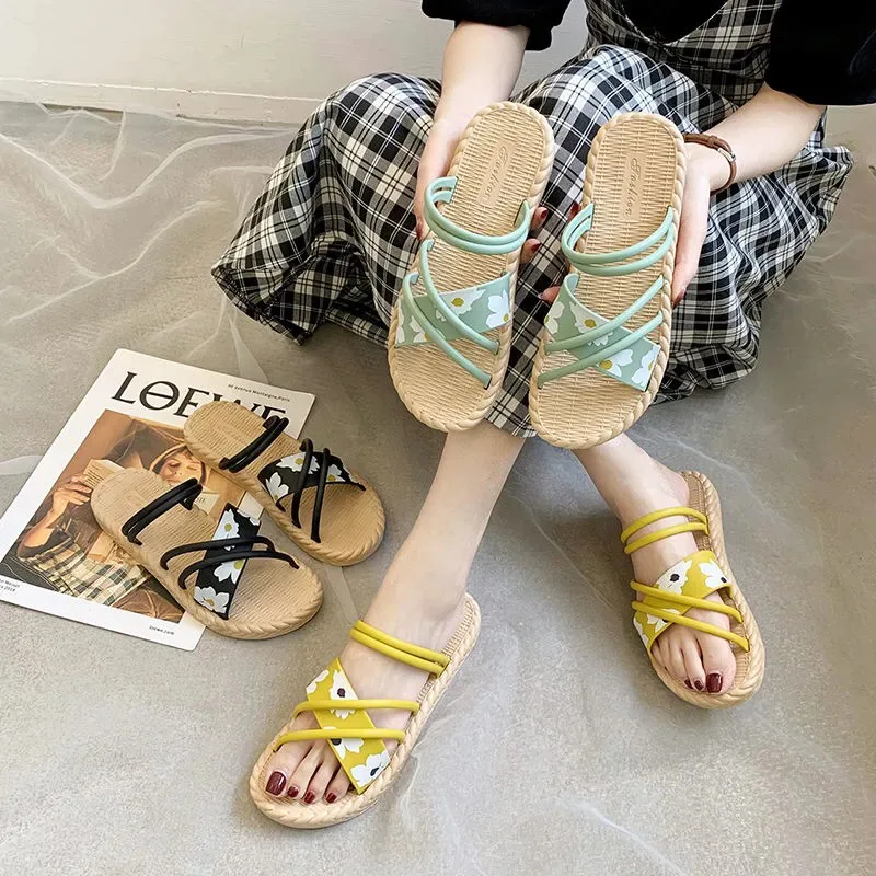 

Summer Beach Slippers Women Pearl Set Toe Elastic Sandals Flat Strap Casual Home Sandals Slippers Beach Slippers Zapatos Mujer