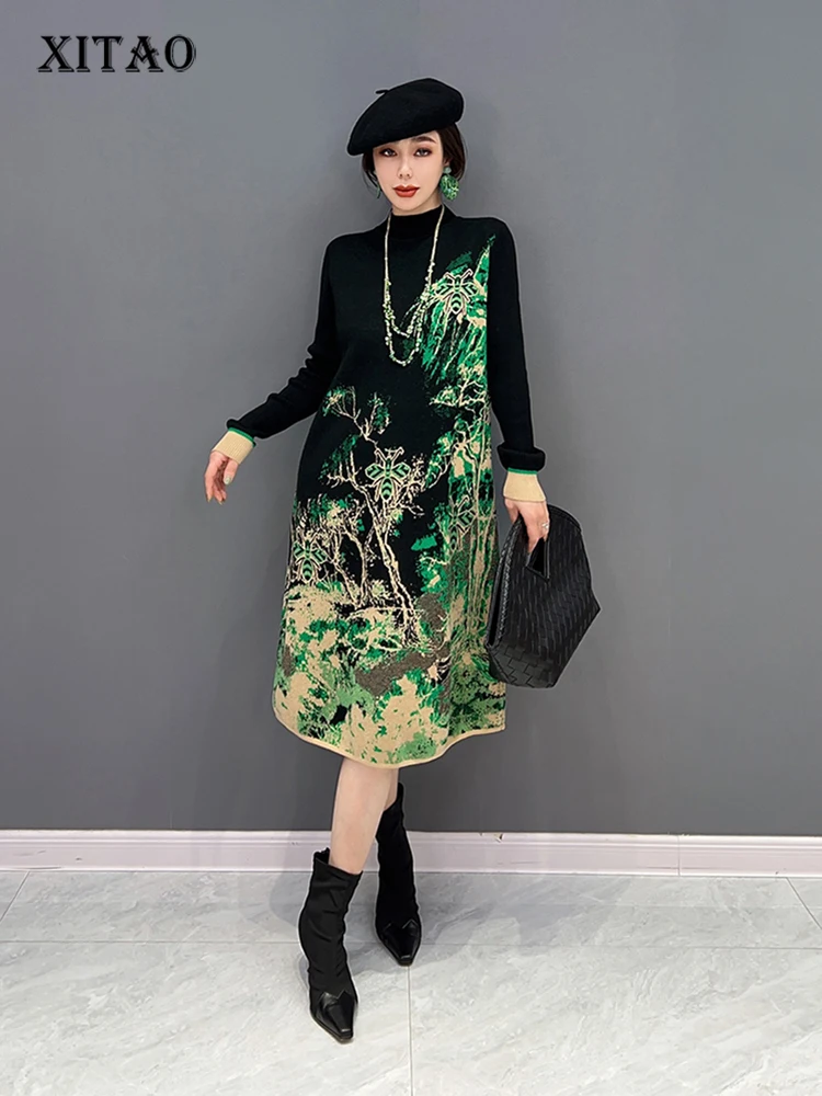 

XITAO Half High Collar Knitting Dress Contrast Color Splicing Vintage Women Sweater Winter Simplicity Temperament New FBB1296