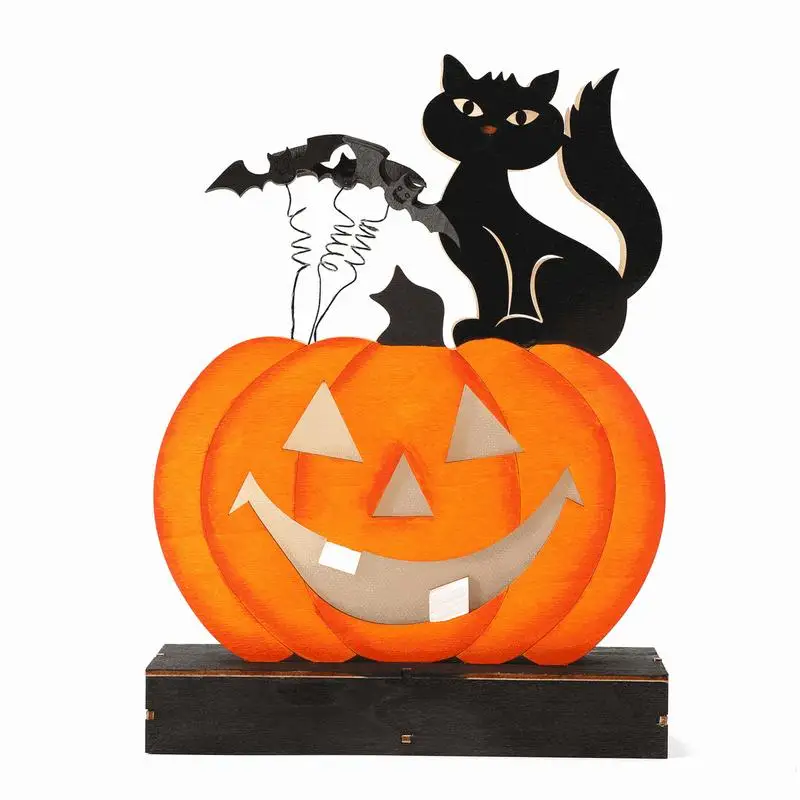 

Wooden Pumpkin Sign Creative Halloween Pumpkin Black Cat Decor Lightweight Light Up Pumpkin Table Centerpieces Multifunctional