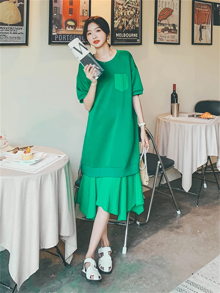 

2022 Summer New Short Sleeve O-neck Spliced Long Fishtail Dress Women Fashion Korean Style Loose Casual Girl Maxi Dresses 8956