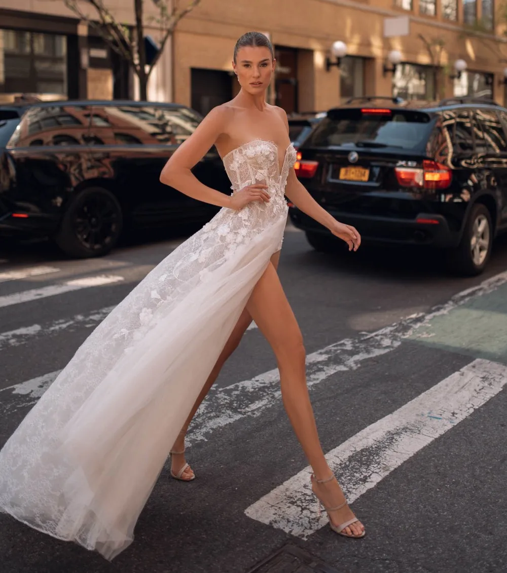 

Berta Lace Wedding Dresses Side Split Bridal Gowns Appliqued V Neckline A Line Tulle Floor Length Vestido De Novia