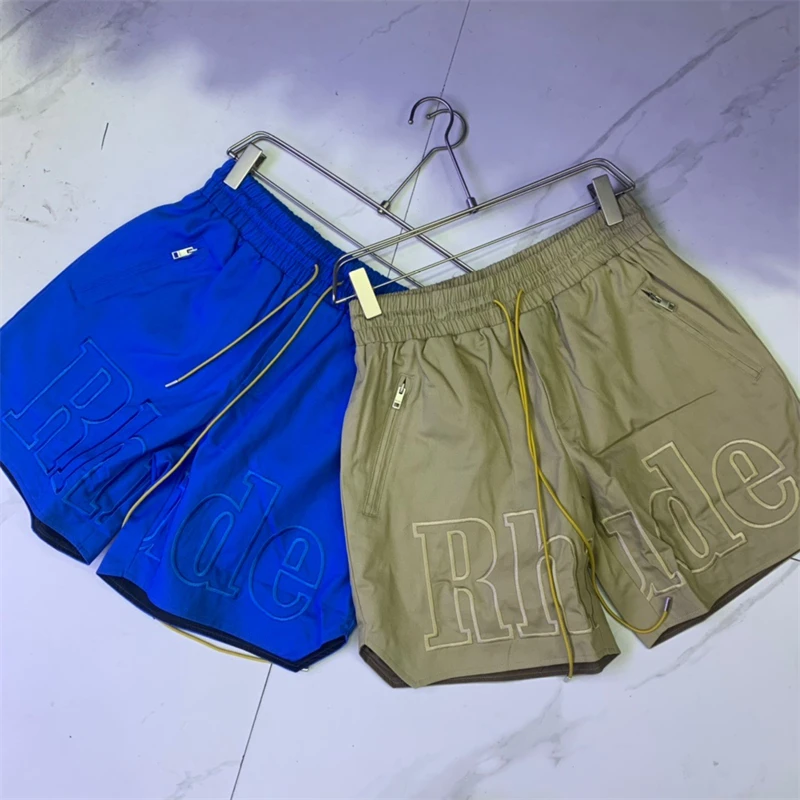 

Blue Khaki Multiple Pockets Rhude Cargo Shorts Men Women 1:1 Double-Deck Logo Embroidered RHUDE Breeches