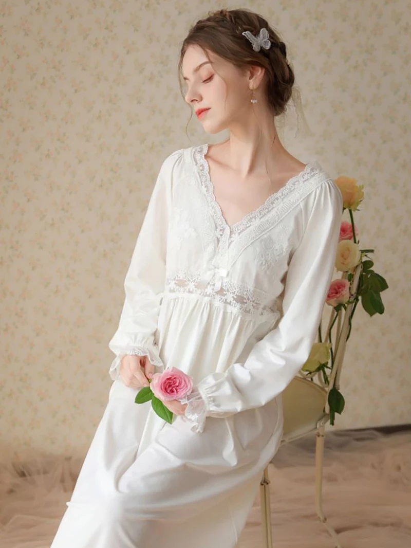 Women Spring Lingerie Cotton Lace Fairy Sweet Princess Sleepwear Ruffles V-Neck Embroidery Robes Vintage Victorian Nightdress