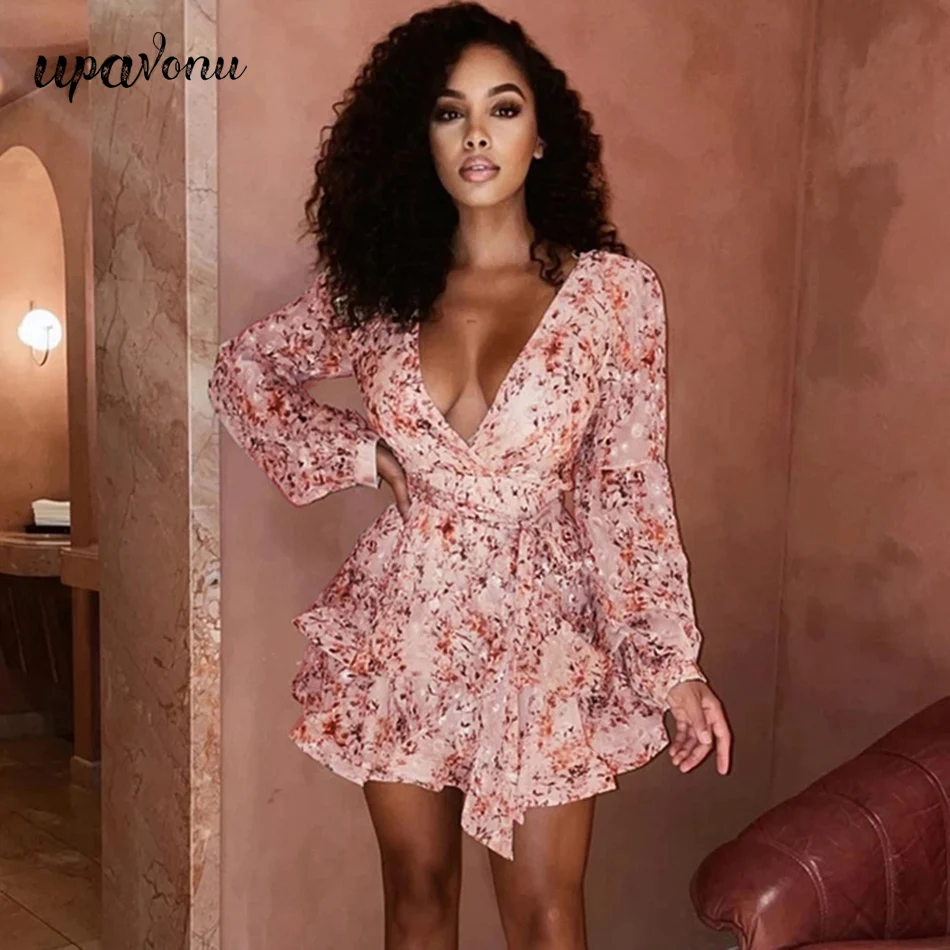 Free Shipping Sexy Print Dress Women V Neck Long Sleeve Lace Up Design Fashion Beach Vacation Party Ruffle Mini Dresses 2022 New