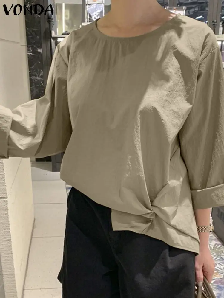 

VONDA Women Vintage Blouses 2023 Summer Casual Party Shirts Fashion O Neck 3/4 Sleeve Loose Tunic Tops Pleated Blusas Femininas