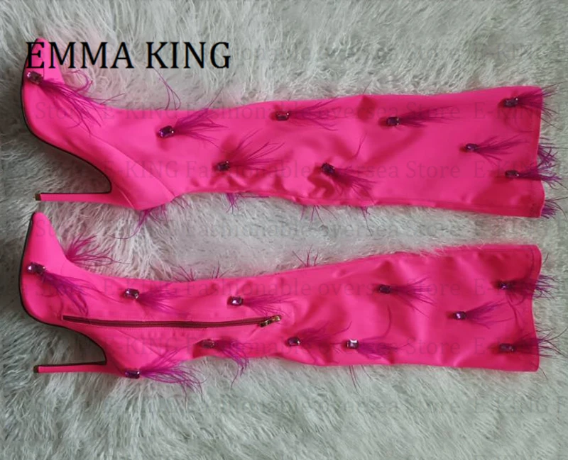 Женские розовые ботинки с украшением из перьев пикантные до бедра на шпильке