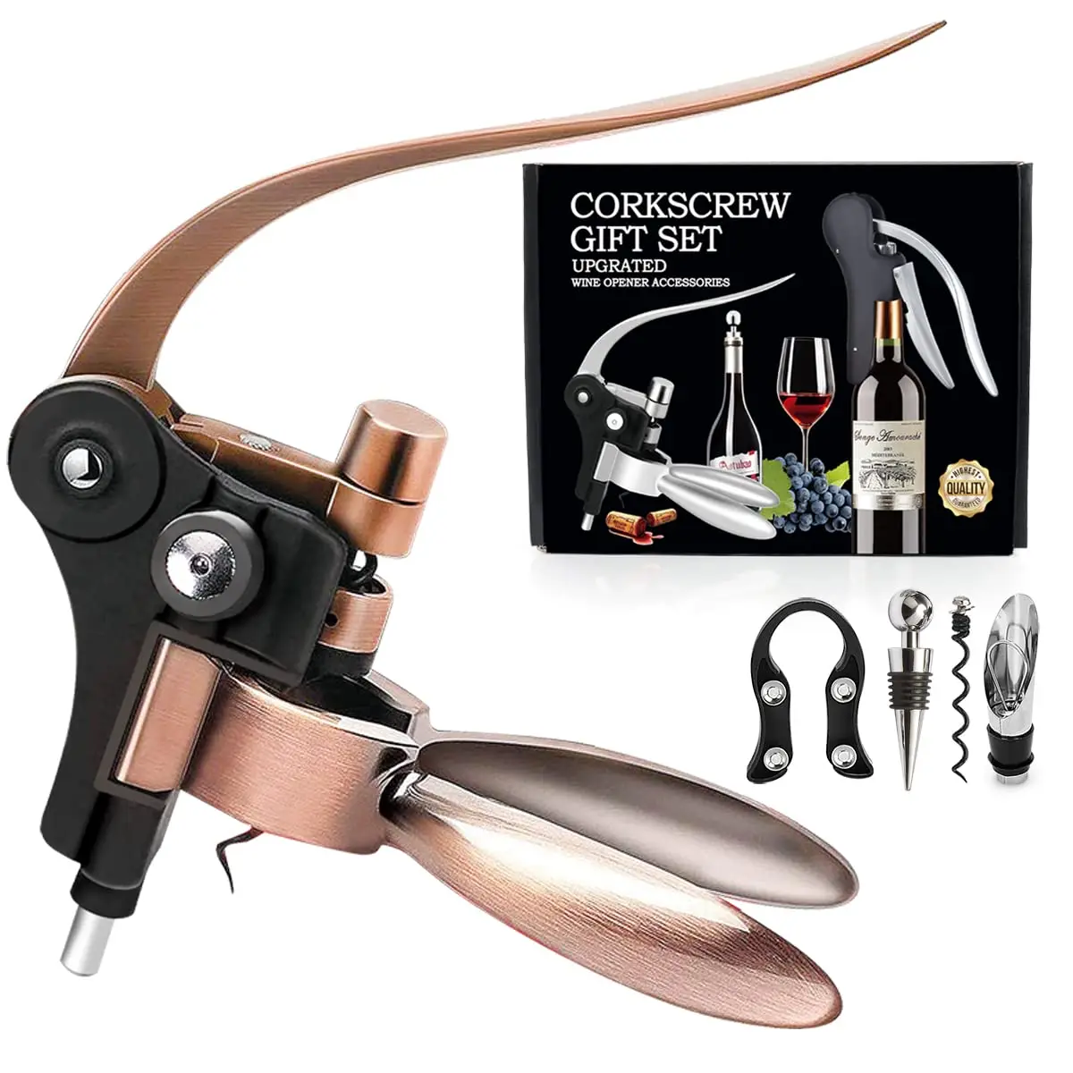 

Wine Bottle Opener Corkscrew Set- Wine Opener Kit With Foil Cutter,Wine Stopper And Extra Spiral (Copper)