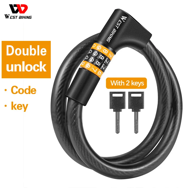WEST BIKING New Password Key 2 In 1 Steel Cable Lock Rustproof Anti-theft Bicycle Motorcycle Scooter Bike Portable Code Padlock |