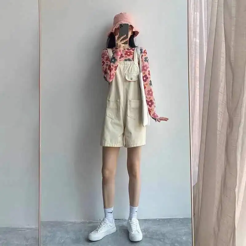 Женские джинсовые комбинезоны черные универсальные с высокой талией в Корейском