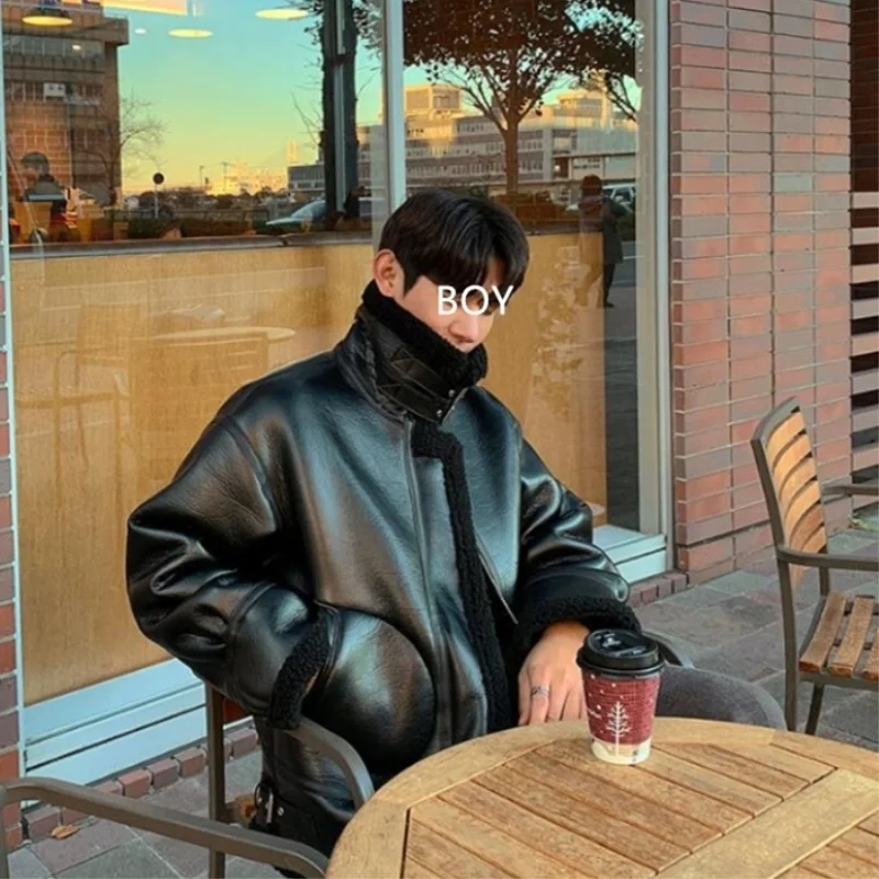 Winter Jacket Men Warm Fashion Thickened Black Leather Jacket Men Korean Loose Thick Leather Short Coat Mens Parker Clothes