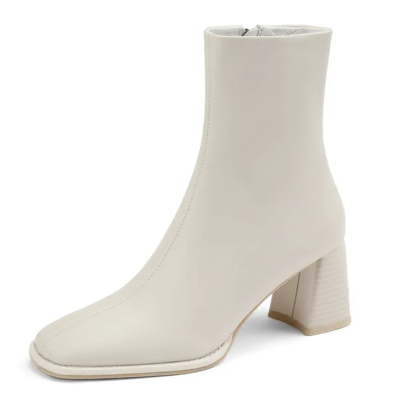 

White Genuine Leather Women Ankle Boots Thick High Heels Basic Shoes Office Ladies Casual Dress Pumps 2023 Autumn Winter