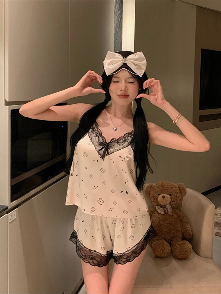 Ice Silk Pajamas Women Sweet Pure Lace Clover Sling Shorts Set Summer Thin Home Wear