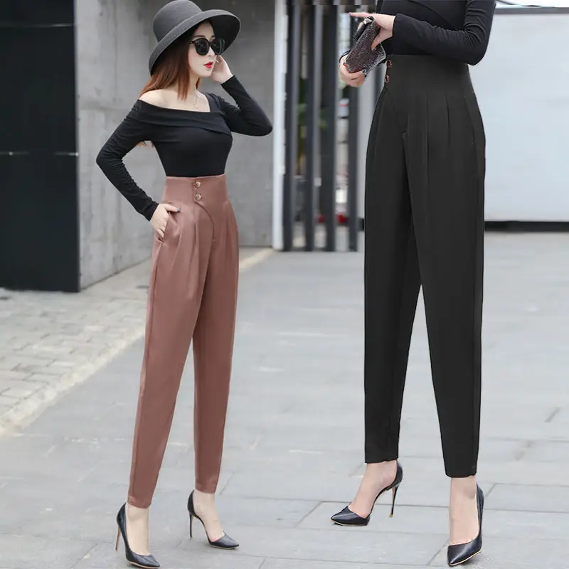 

2022 Spring Summer Women Suit Pants Casual Fashion Loose High Waist Stretch Harem Trousers Femme Solid Pocket Trousers L43