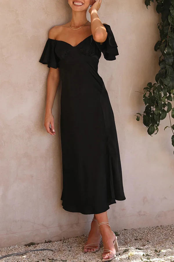 

Satin Surface Slash-Neck Half Sleeve Solid Dresses Summer Women Dress Vintage Mid-Calf Length Robe Female Causal Holiday Dress
