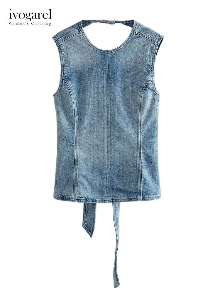 

Woman's Denim Sleeveless Top with Tie Detail, Stylish and Versatile Streetwear, Perfect with Distressed Jeans, Trafza Style