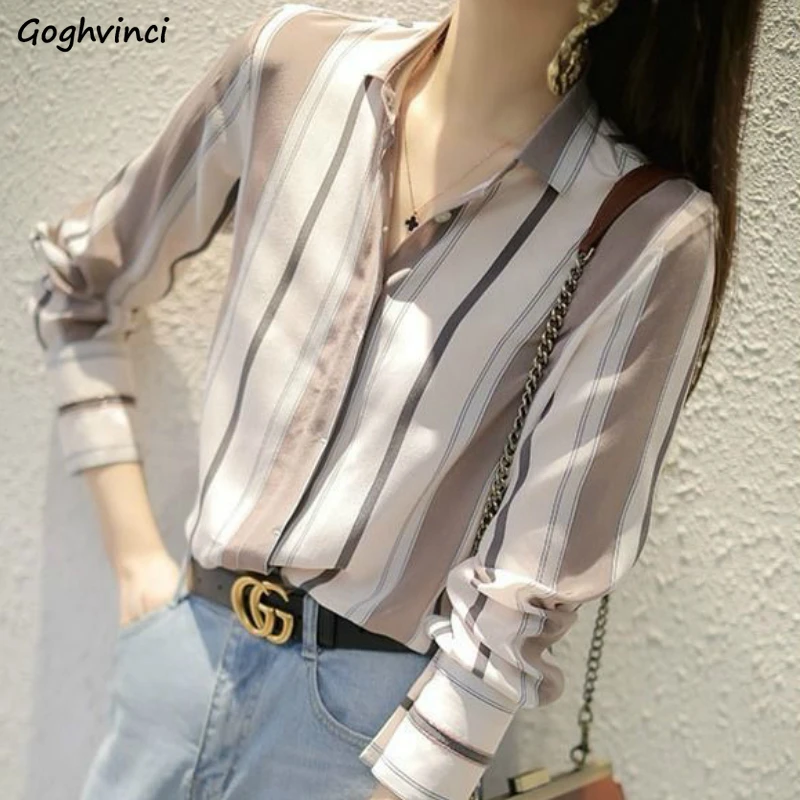 

Shirts Women Striped Chiffon Long Sleeve Chic Leisure Students Fashion Tops Streetwear Newest Soft Spring Fall Clothing Vintage
