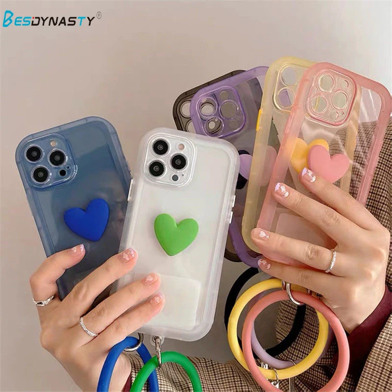 

BESD KoreaN Cute 3D Love Heart Hand Strap Soft Phone Case for iPhone 13 12 11 Pro Max XS XR 8Plus Clear Candy Color Cover